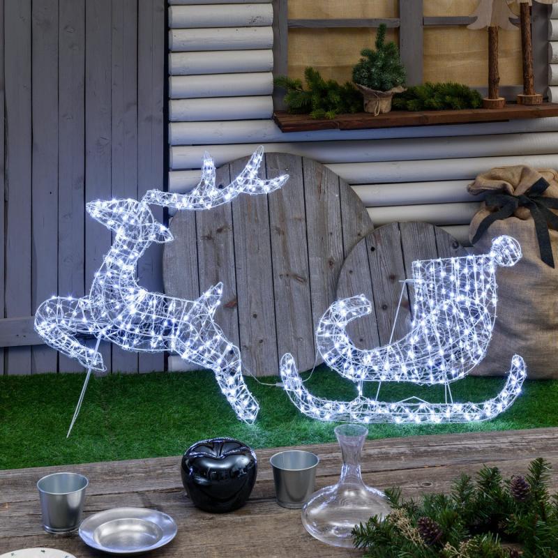 2D Figure Lights | 80 cm, 400 White LED Light Drops 2D Transparent Acrylic Reindeer with Sleigh 2D Figure Lights 2D Figure Lights