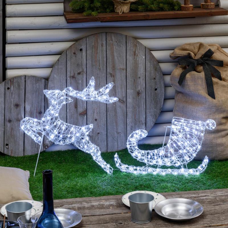 2D Figure Lights | Ø 65 cm, 220 White LED Light Drops, 2D Transparent Acrylic Reindeer with Sleigh 2D Figure Lights 2D Figure Lights