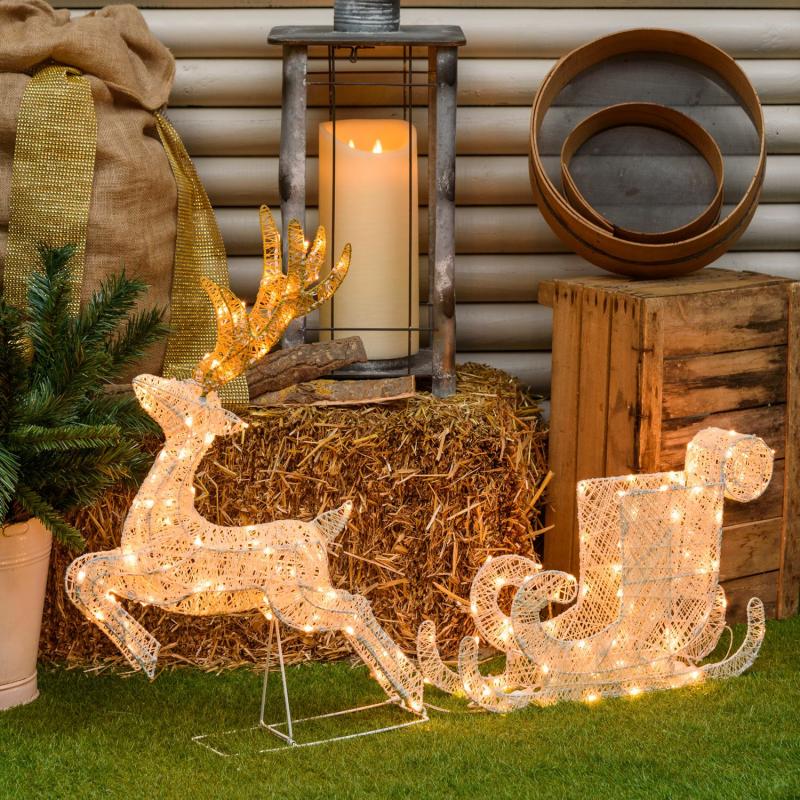 3D Figure Lights | 3D Light Cream & Brown Reindeer with Sleigh, 60 cm, 160 Traditional warm white LEDs – LHC 3D Figure Lights 3D Figure Lights