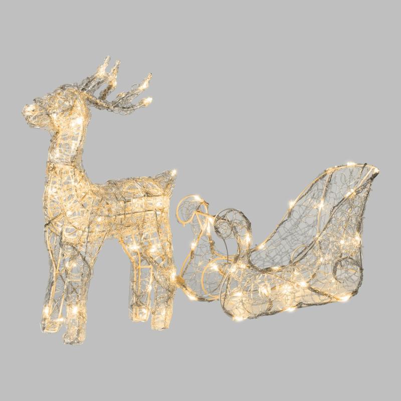 3D Figure Lights | h 40cm 80 Warm White LEDs Transparent Acrylic Reindeer with Sleigh 3D Figure Lights 3D Figure Lights