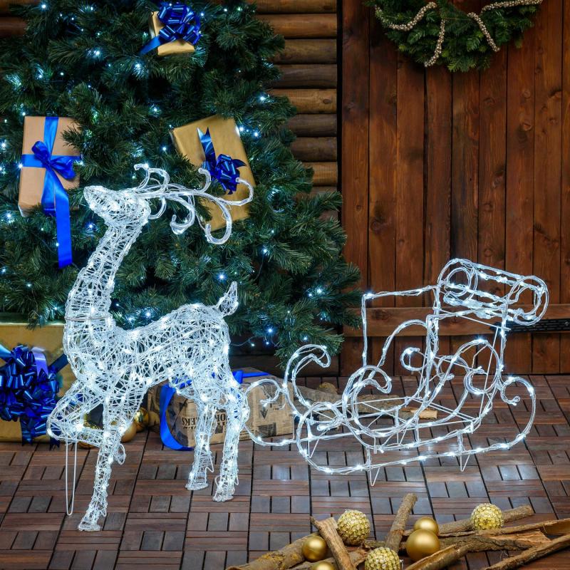 3D Figure Lights | h 80cm 220 White LEDs Transparent Acrylic Reindeer With Sleigh 3D Figure Lights 3D Figure Lights