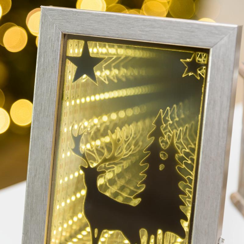 Battery Figure Lights | 12 x h17cm, Framed Picture with Pine Trees and Reindeer, USB or Battery, Warm White LEDs – IFM Battery Figure Lights Battery Figure Lights