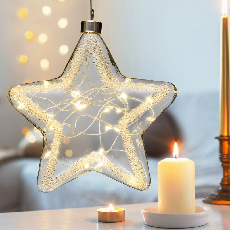 Battery Figure Lights | Ø 18 cm, 20 Warm White Microled Glass Star with Glitter to hang, Timer, Battery – MICROLED FIGURES Battery Figure Lights Battery Figure Lights