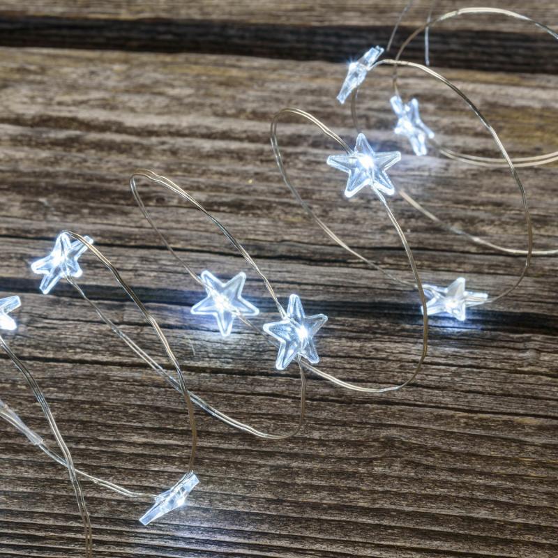 Decorative String Lights | 1.9m 20 Ø 13mm Stars Battery Operated String Lights, White MicroLEDs, Silver Metal Wire Decorative String Lights Decorative String Lights