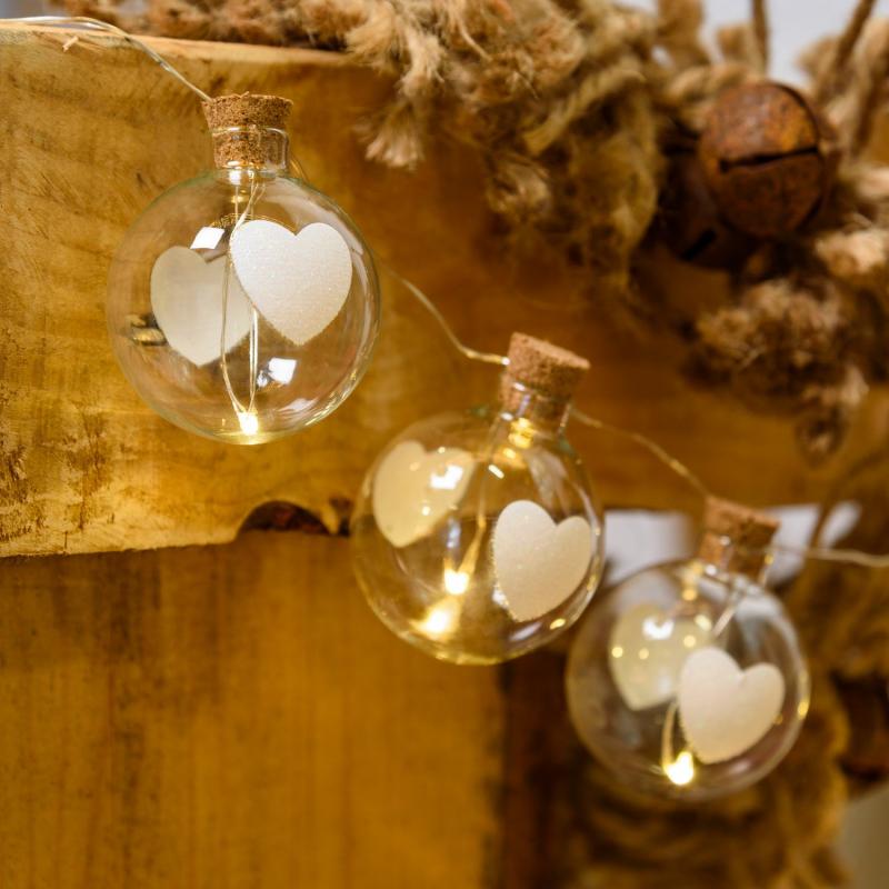 Decorative String Lights | 1,2m, 12 Glass Spheres Ø 40mm With Hearts String Lights, Battery Operated, Warm WhiteLEDs Decorative String Lights Decorative String Lights