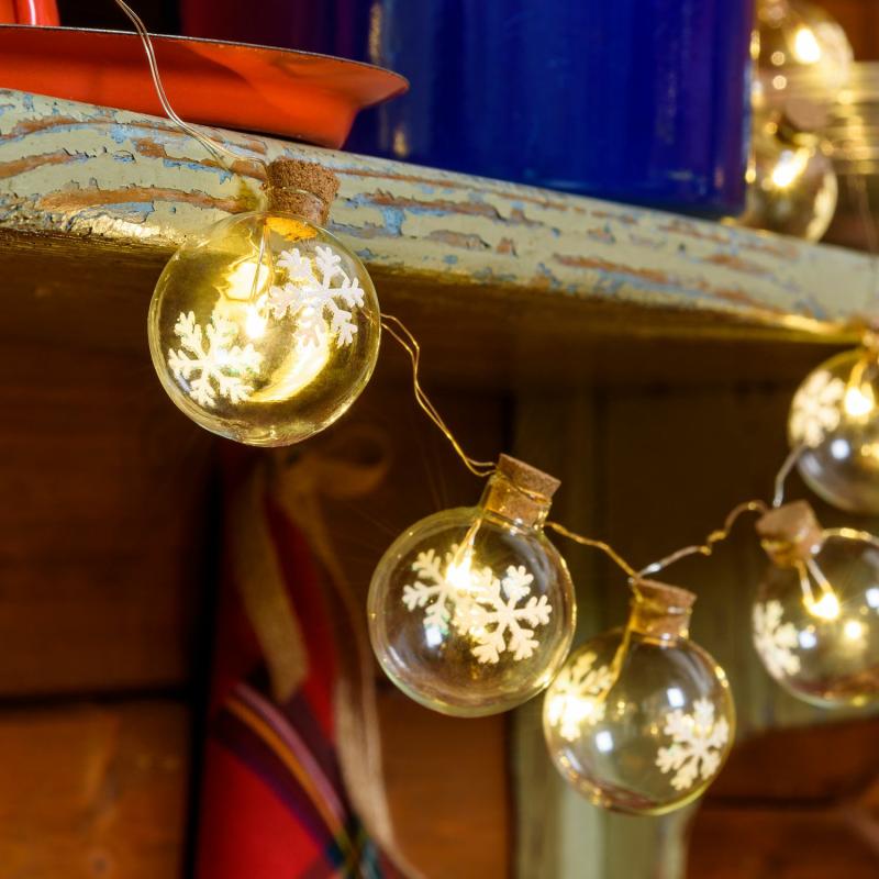 Decorative String Lights | 1,2m, 12 Glass Spheres Ø 40mm With Snowflakes String Lights, Battery, Warm WhiteLEDs Decorative String Lights Decorative String Lights