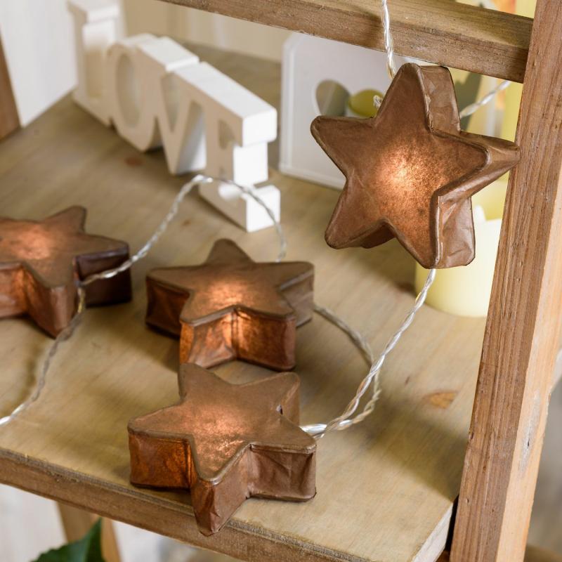 Decorative String Lights | 2 m, 10 Brown Ø 75mm Paper Stars Battery String Lights, Warm White LEDs Decorative String Lights Decorative String Lights