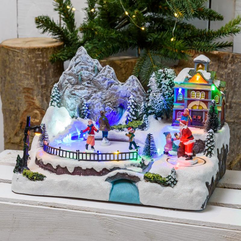 Holiday Villages | Battery operated Christmas Village, Lake with Moving Ice Skater, h 20cm, Christmas Music Figure Lights Holiday Villages