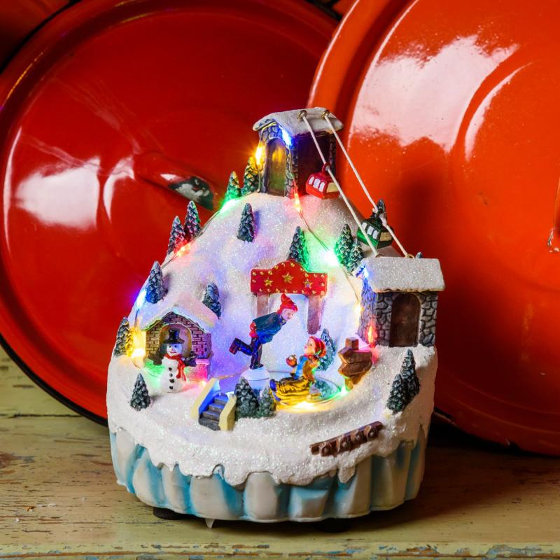 Holiday Villages | Battery operated Christmas Village, Mountain with cableway and Ice Skaters, h 16.5cm Figure Lights Holiday Villages