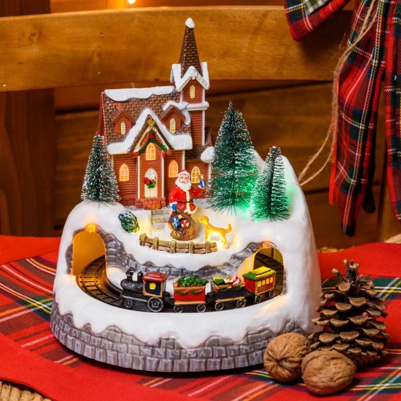 Holiday Villages | Battery operated Christmas Village, Santa and Train in Tunnel, h 21.5cm, Christmas Music Figure Lights Holiday Villages