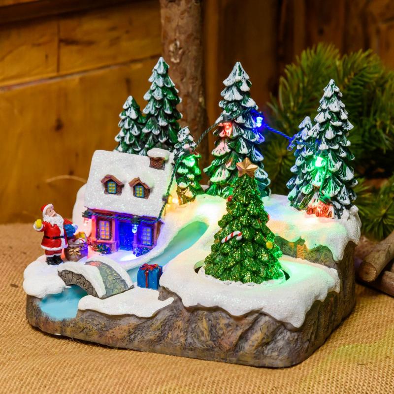 Holiday Villages | Battery operated Christmas Village, Stream and rotating Trees, h 15cm, Christmas Music Figure Lights Holiday Villages