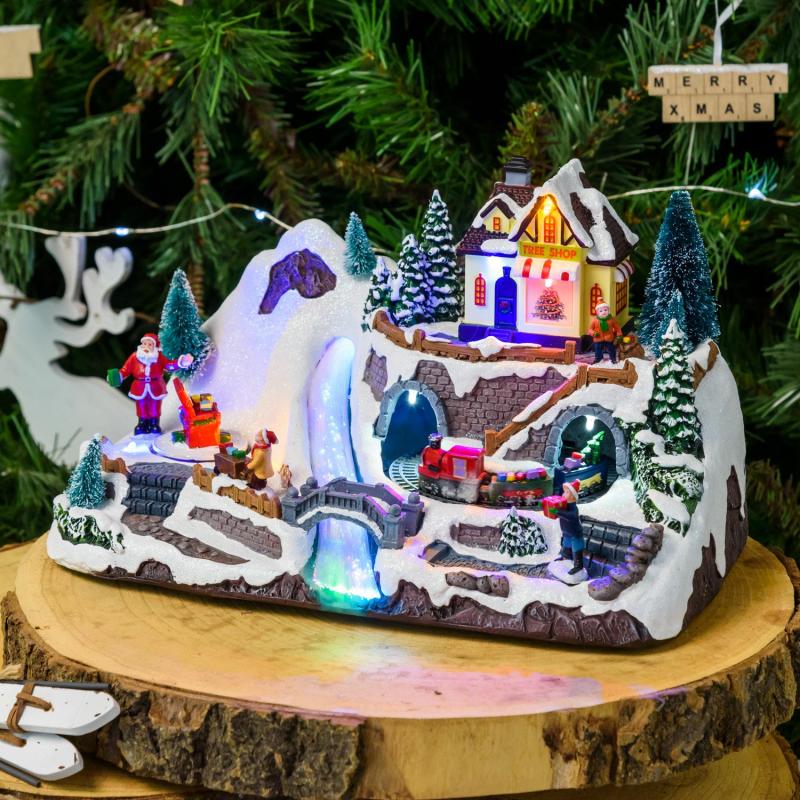 Holiday Villages | Battery operated Christmas Village, Train and Rotating Gift Boxes, h 19cm, Christmas Music Figure Lights Holiday Villages