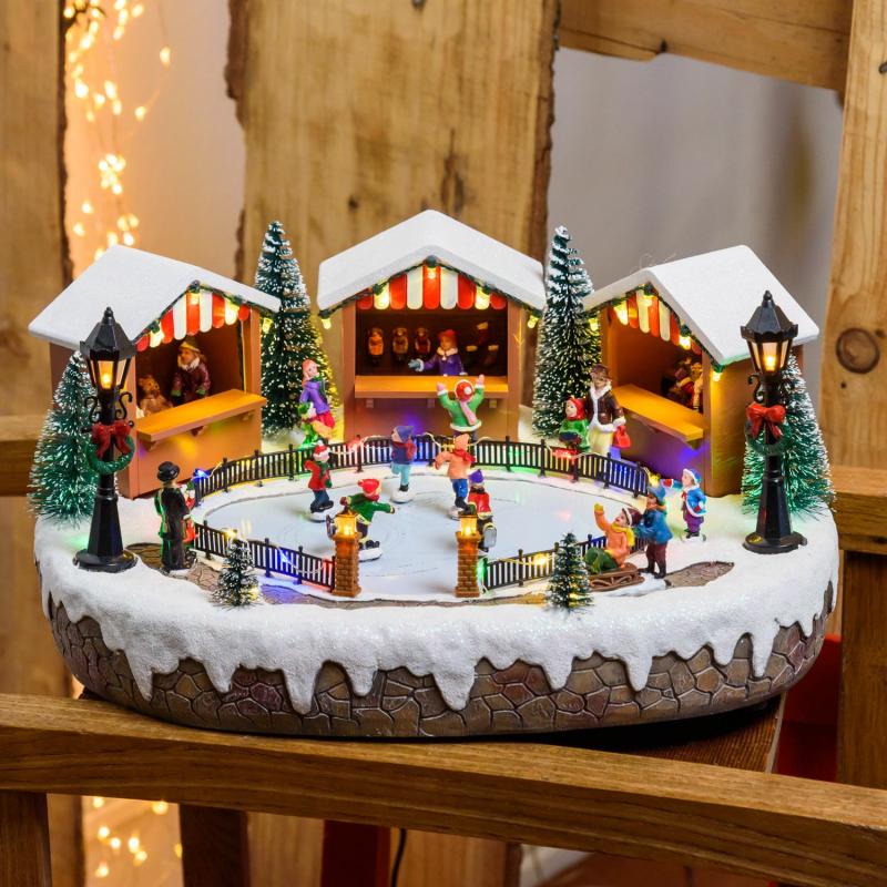 Holiday Villages | Christmas Village, Frozen Lake wit Moving Ice Skaters, h 15 cm, with Christmas Music Figure Lights Holiday Villages