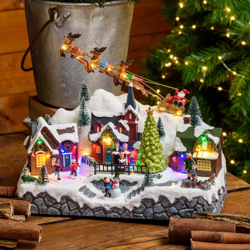 Holiday Villages | Christmas Village, Landscape, Santa Claus and Skaters in motion, h 28cm, Christmas music Figure Lights Holiday Villages