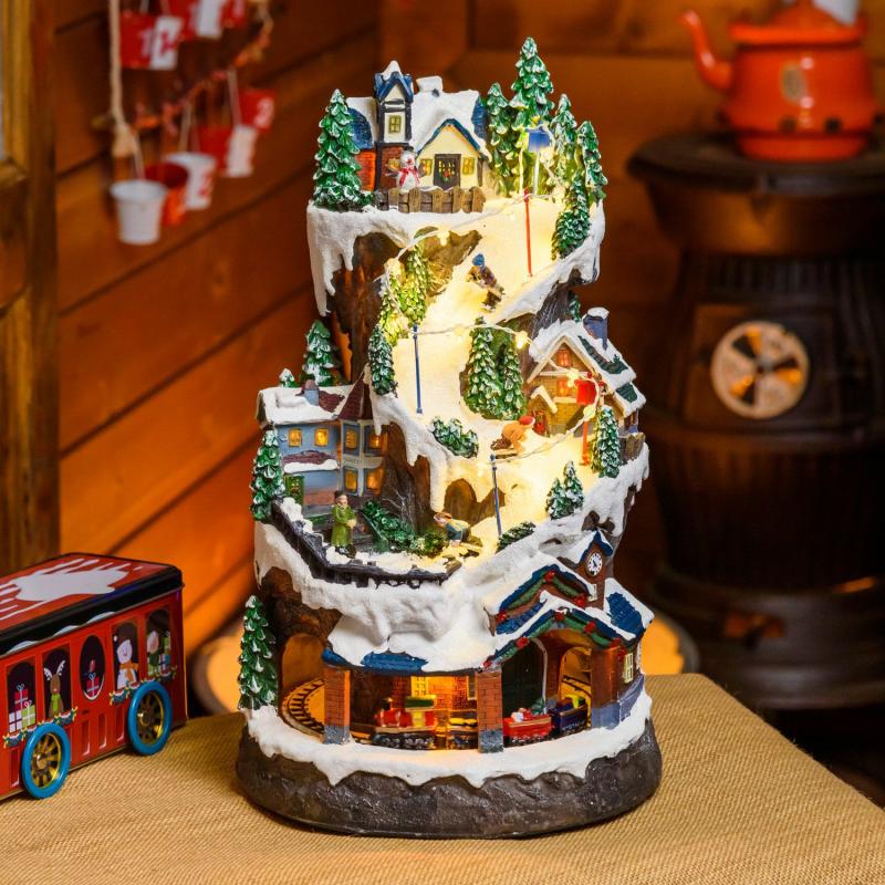 Holiday Villages | Christmas Village, Snow Covered with Skiers and Train in Tunnel, h 38cm, Christmas Music Figure Lights Holiday Villages