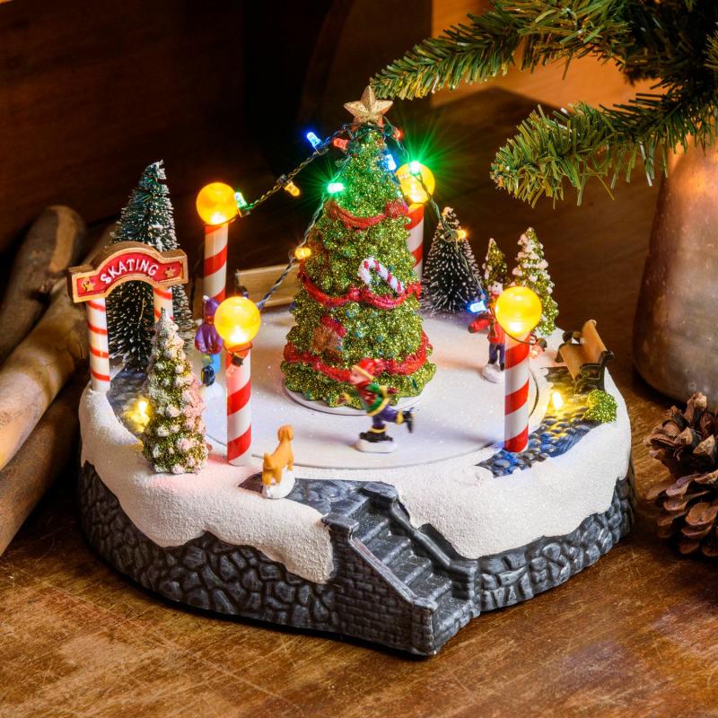 Holiday Villages | Christmas Village, Snowy Landscape and Rotating Skaters, h 18.5cm, Christmas music Figure Lights Holiday Villages