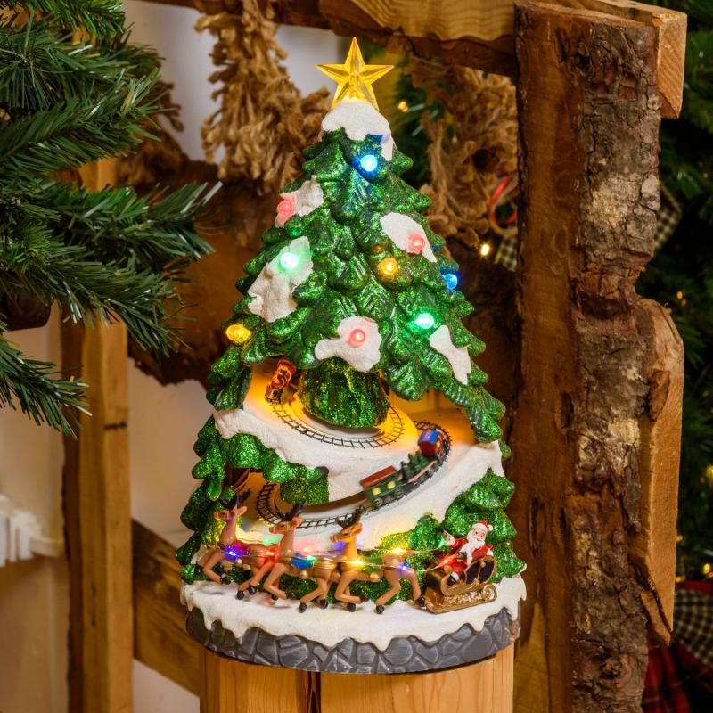 Holiday Villages | Christmas Village, Tree with Moving Trains, h 40 cm, Christmas music, multicolor led Figure Lights Holiday Villages