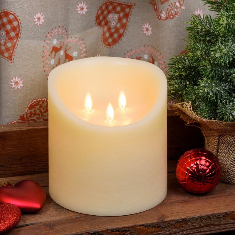 LED Candles | Ivory Rough Wax Candle, 3 Moving Flames, h 15cm, Ø 15cm Candles & Lanterns LED Candles