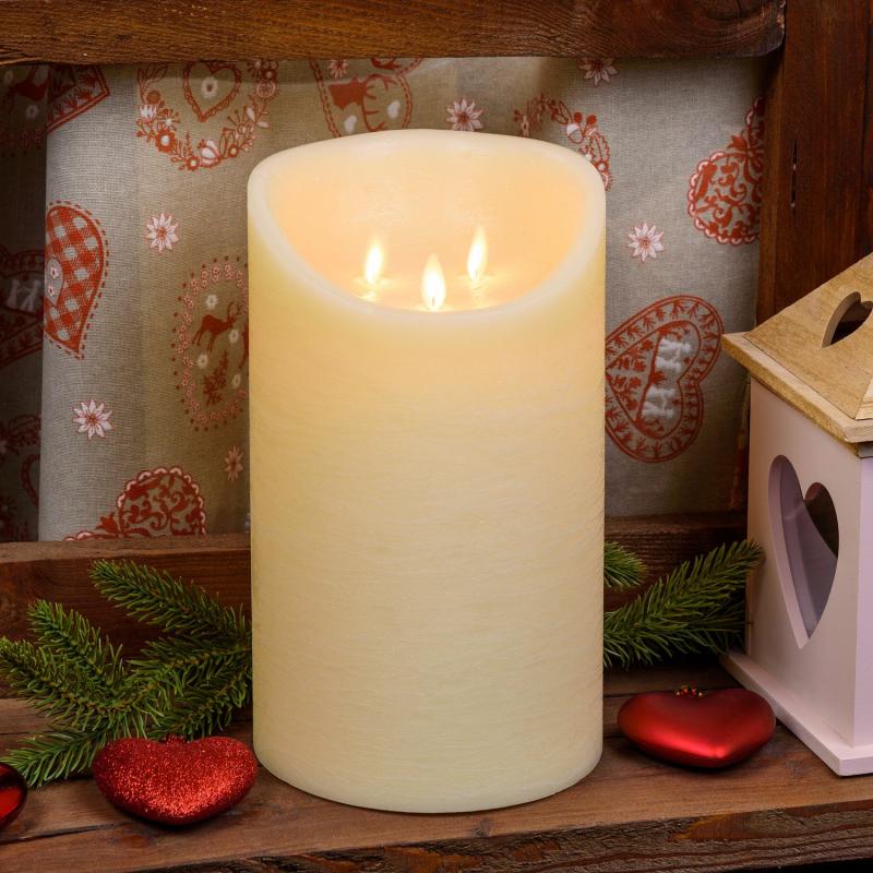 LED Candles | Ivory Rough Wax Candle, 3 Moving Flames, h 25cm, Ø 15cm Candles & Lanterns LED Candles