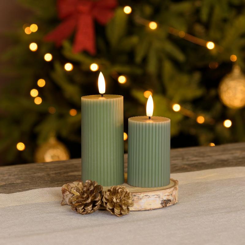 LED Candles | Set of 2 Green Ribbed Wax Candles, 3D Flame with Wick, h 7.5-10 cm Candles & Lanterns LED Candles