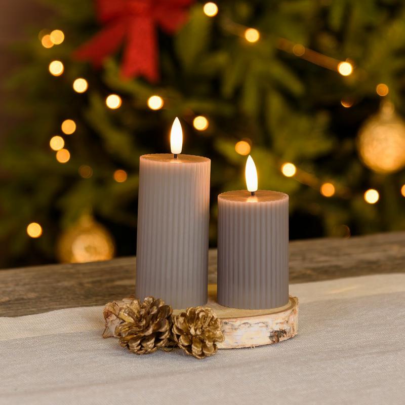 LED Candles | Set of 2 Grey brown Ribbed Wax Candles, 3D Flame with Wick, h 7.5-10 cm Candles & Lanterns LED Candles