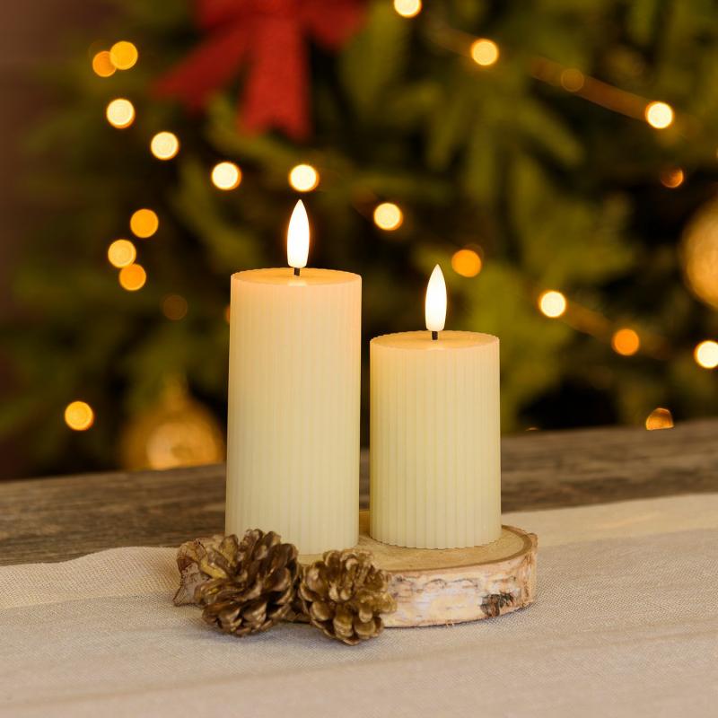 LED Candles | Set of 2 Ivory Ribbed Wax Candles, 3D Flame with Wick, h 7.5-10 cm Candles & Lanterns LED Candles