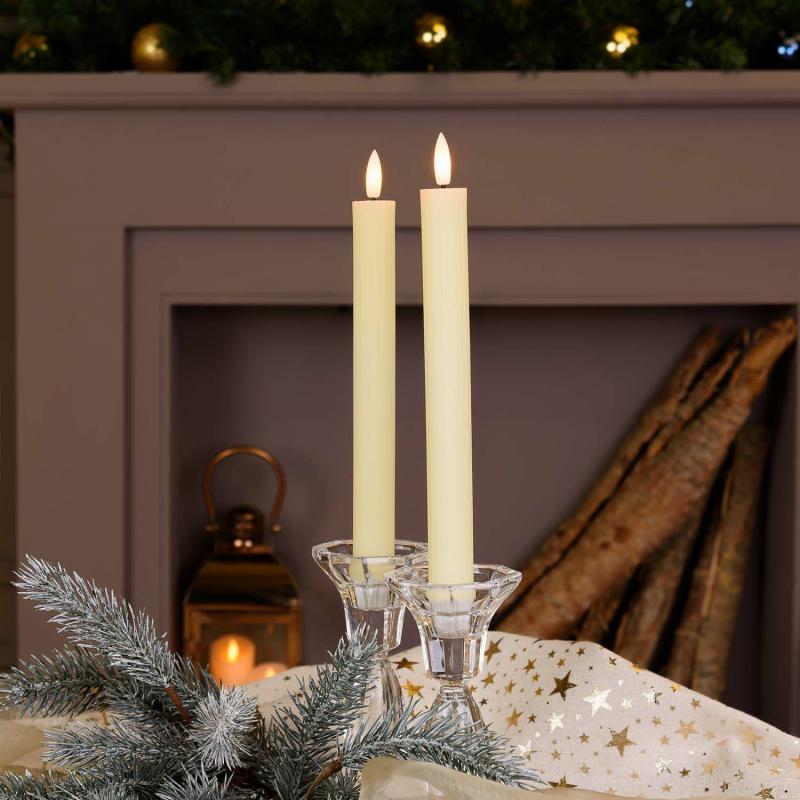 LED Candles | Set of 2 Ivory Ribbed Wax Taper Candles, 3D Flame with Wick, h 23 cm Candles & Lanterns LED Candles