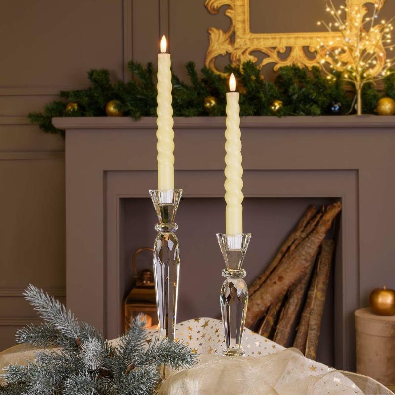 LED Candles | Set of 2 Ivory Spiral Wax Taper Candles, 3D Flame with Wick, h 23 cm Candles & Lanterns LED Candles