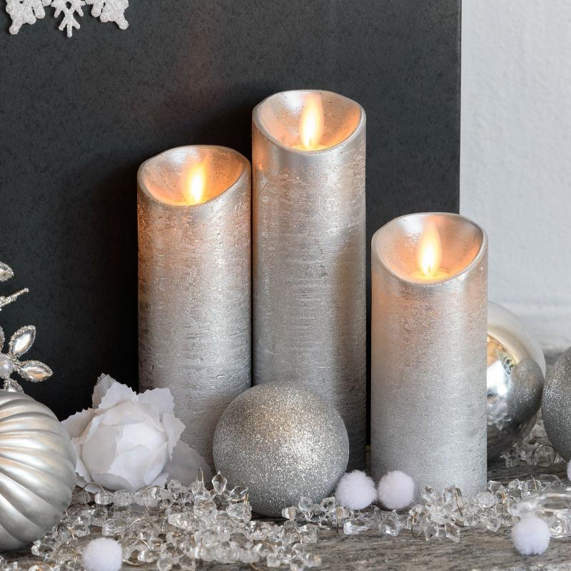 LED Candles | Set of 3 Candles, Silver Rough Wax, Moving Flame, h 12,5-15-17,5, Ø 5,2cm, Remote control Candles & Lanterns LED Candles