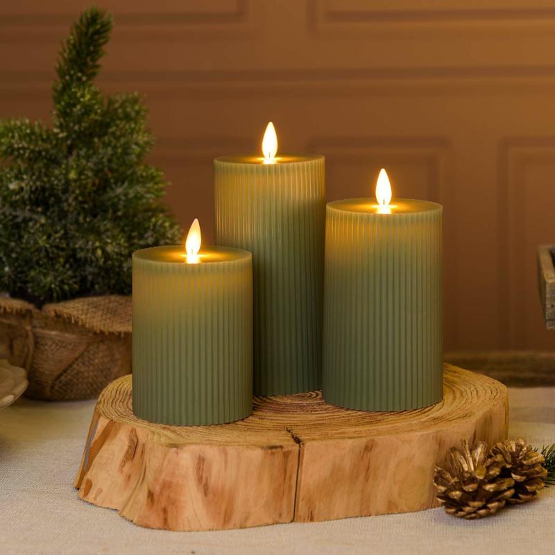 LED Candles | Set of 3 Green Ribbed Wax Candles, Moving Flame, h 10-12.5-15 cm Candles & Lanterns LED Candles