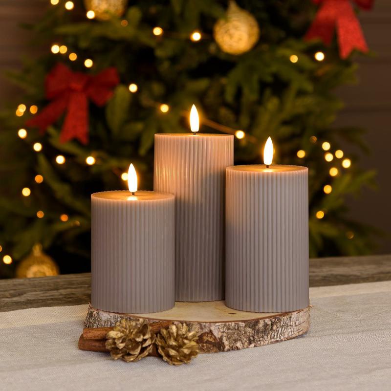 LED Candles | Set of 3 Grey Brown Ribbed Wax Candles, 3D Flame with Wick, h 10-12.5-15 cm Candles & Lanterns LED Candles