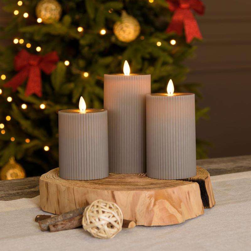 LED Candles | Set of 3 Grey Brown Ribbed Wax Candles, Moving Flame, h 10-12.5-15 cm Candles & Lanterns LED Candles