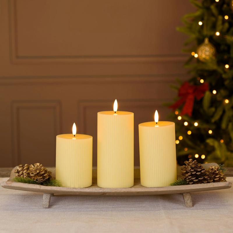 LED Candles | Set of 3 Ivory Ribbed Wax Candles, 3D Flame with Wick, h 10-12.5-15 cm Candles & Lanterns LED Candles