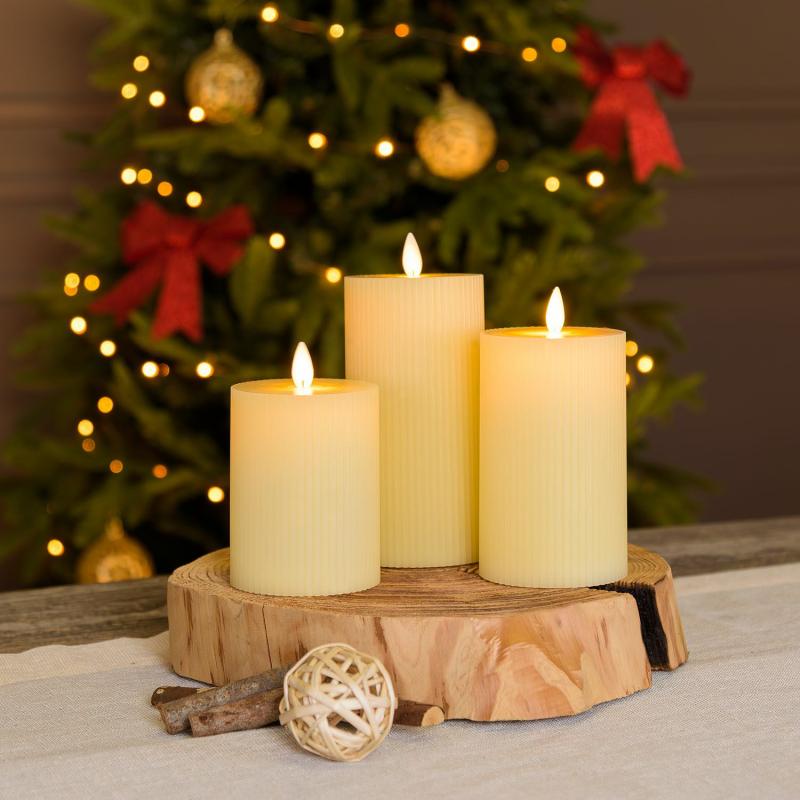 LED Candles | Set of 3 Ivory Ribbed Wax Candles, Moving Flame, h 10-12.5-15 cm Candles & Lanterns LED Candles