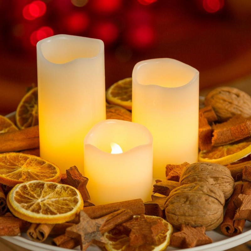 LED Candles | Set of 3 Ivory Smooth Wax Candles, h 5-7,5-10 cm, Ø 5 cm, warm white LED Candles & Lanterns LED Candles