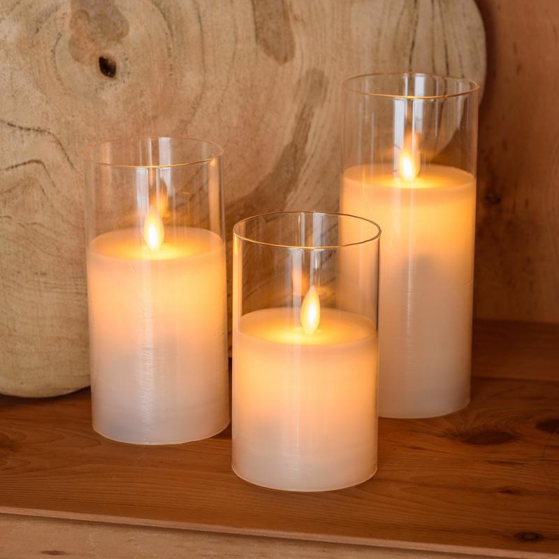 LED Candles | Set of 3 White Wax Candle, Moving Flame, h 12,5-15-17,5, Ø 7,5 cm, clear glass Candles & Lanterns LED Candles