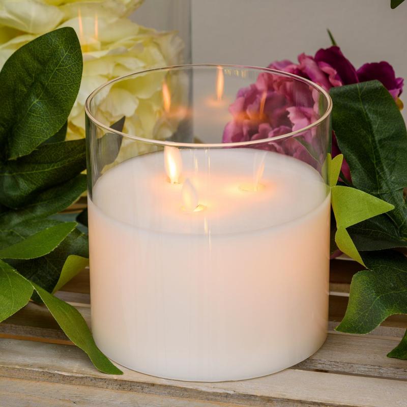 LED Candles | White Wax LED Candle in clear glass cylinder, 3 Moving Flames, h 15cm, Ø 15cm Candles & Lanterns LED Candles