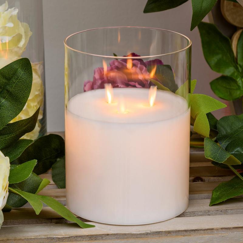 LED Candles | White Wax LED Candle in clear glass cylinder, 3 Moving Flames, h 20cm, Ø 15cm Candles & Lanterns LED Candles