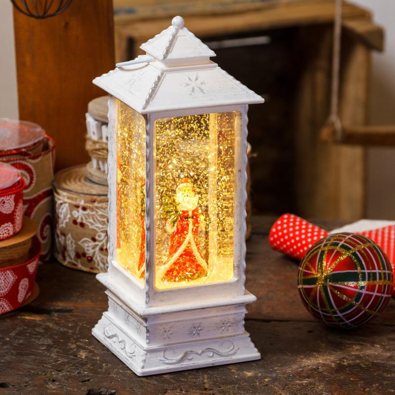 LED Lanterns | Antique white Christmas lantern with sparkling glitter, h 27.5cm, warm white LED Candles & Lanterns LED Lanterns