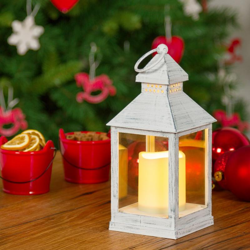 LED Lanterns | Antiqued White Lantern, h 24cm, warm white LED Candles & Lanterns LED Lanterns