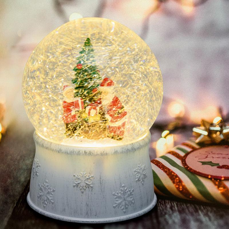 LED Lanterns | Glass sphere with antique white base, Christmas tree with Santa Claus and gift sack, sparkling glitter, h 17 cm, warm white LEDs Candles & Lanterns LED Lanterns