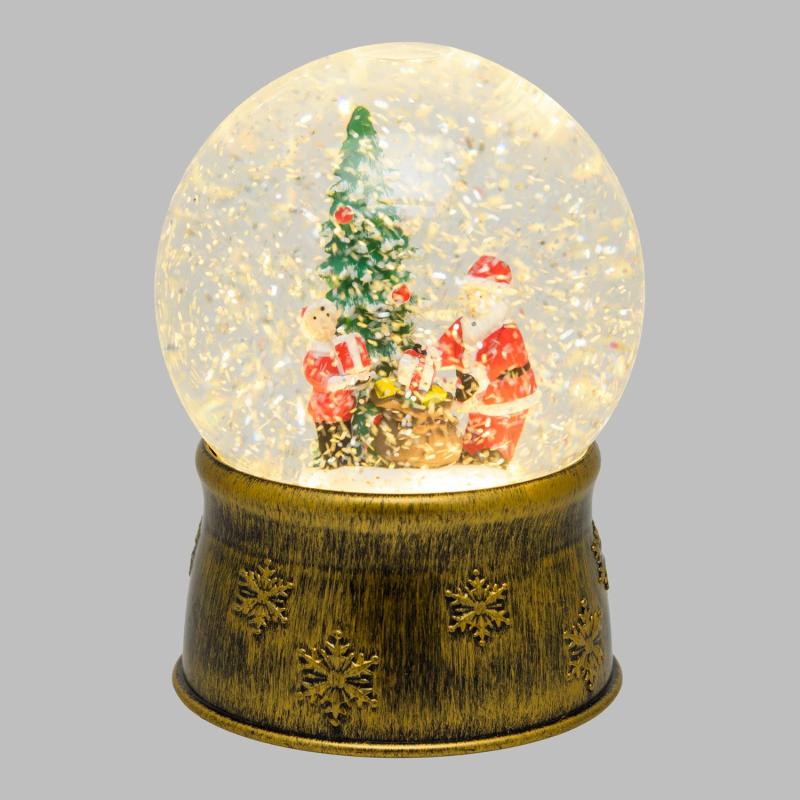 LED Lanterns | Glass sphere with bronzed base, Christmas tree with Santa Claus and gift sack, sparkling glitter, height 17 cm, Warm White LEDs Candles & Lanterns LED Lanterns