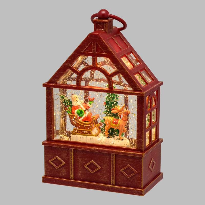 LED Lanterns | Greenhouse Lantern with Santa Claus on Sleigh and Reindeer, glittering sparkles, glitter, h 25 cm, Warm White LEDs Candles & Lanterns LED Lanterns