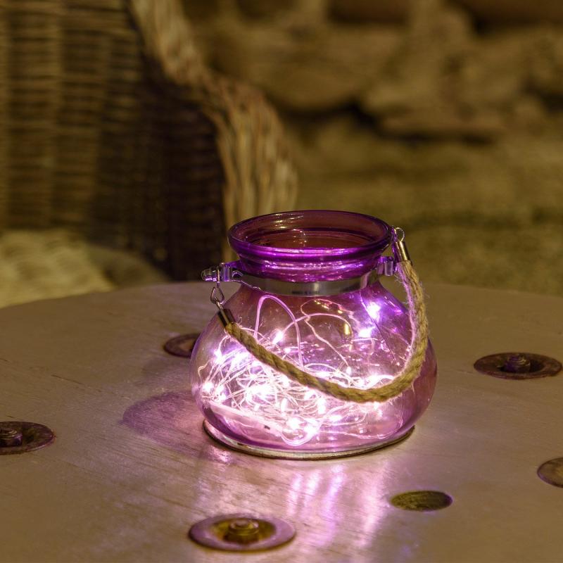 LED Lanterns | Purple Glass Vase, Ø15 x h 12.5 cm, 40 warm white MicroLEDs, Battery Operated Candles & Lanterns LED Lanterns