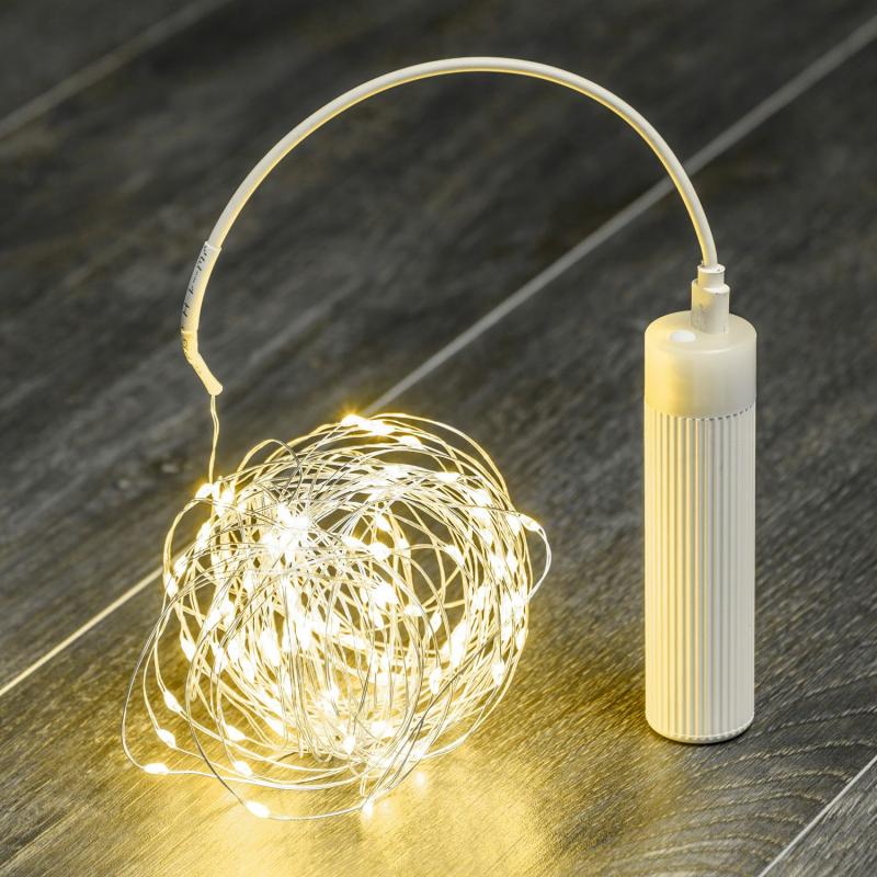 Micro-LED Strings | 20m, 200 Warm White MicroLEDs Battery Power Bank String Lights, Silver Metal Wire Micro-LED Strings Micro-LED Strings