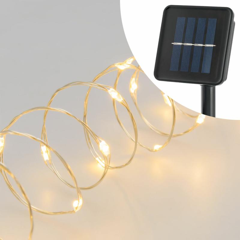 Micro-LED Strings | 20m Solar Light String, 200 warm white microleds, steady light, metal cable silver Micro-LED Strings Micro-LED Strings