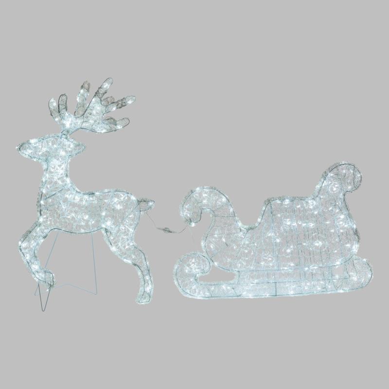 3D Figure Lights | h 85cm, 350 White LED Transparent Acrylic 3D Thin Galloping Reindeer with Sleigh 3D Figure Lights 3D Figure Lights