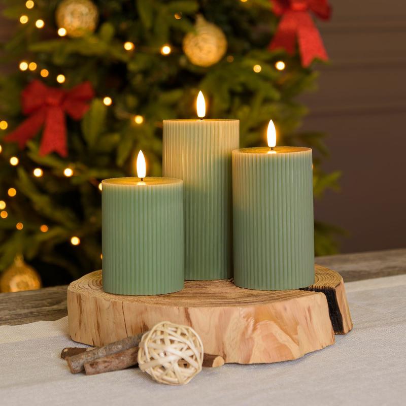 LED Candles | Set of 3 Green Ribbed Wax Candles, 3D Flame with Wick, h 10-12.5-15 cm Candles & Lanterns LED Candles