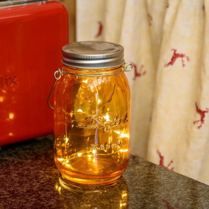 LED Lanterns | Orange Glass Jar, h 15 cm, warm white MicroLEDs, battery Candles & Lanterns LED Lanterns